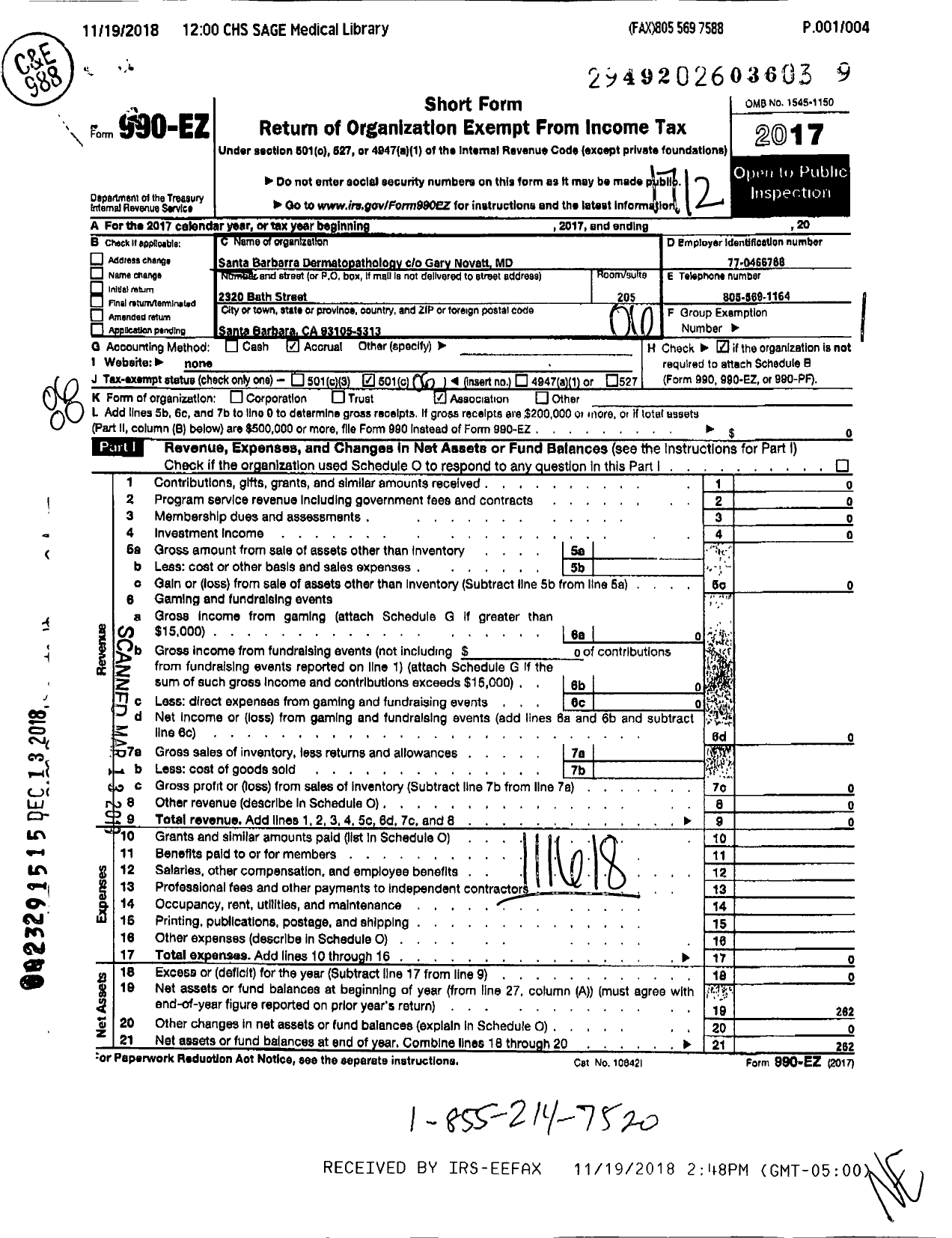 Image of first page of 2017 Form 990EO for Santa Barbara Dermatopathology Society