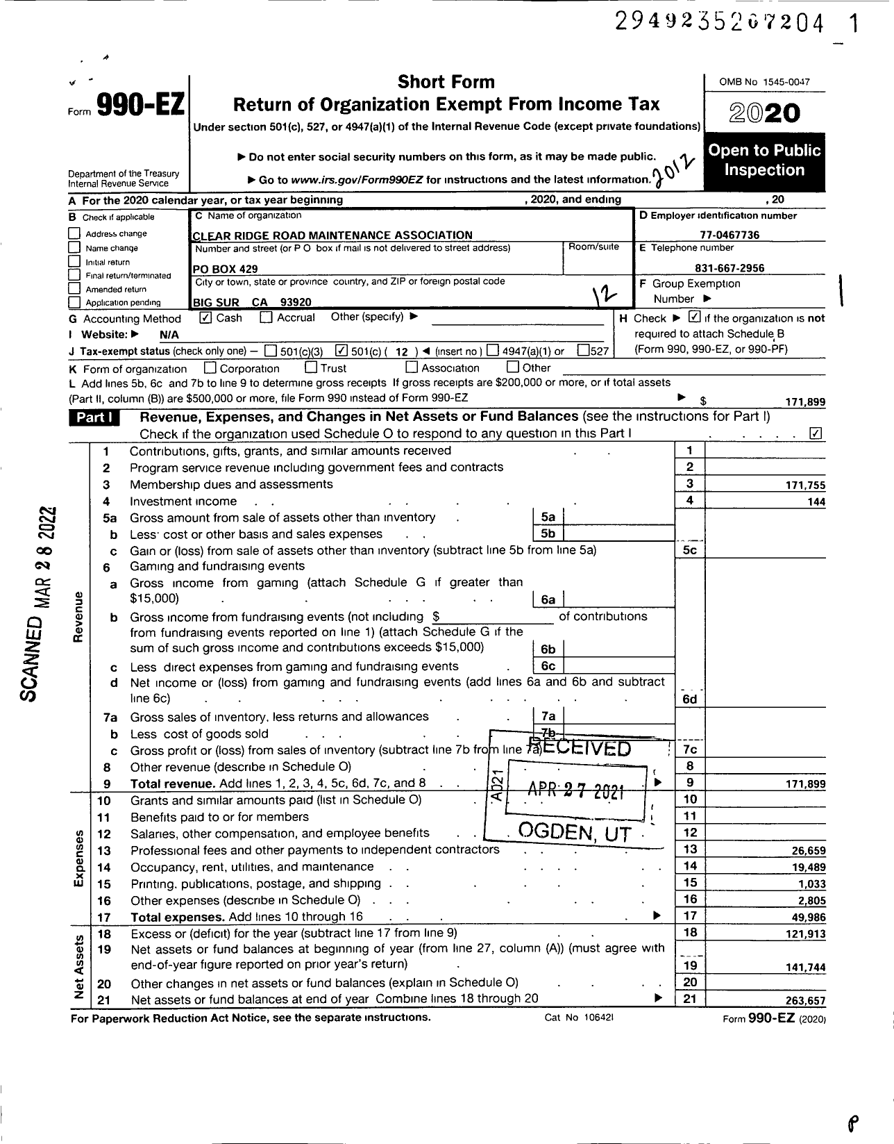 Image of first page of 2020 Form 990EO for Clear Ridge Road Maintenance Association