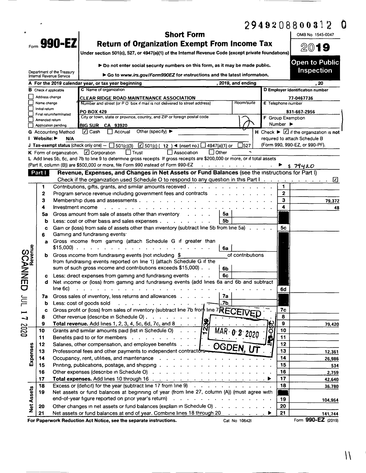 Image of first page of 2019 Form 990EO for Clear Ridge Road Maintenance Association