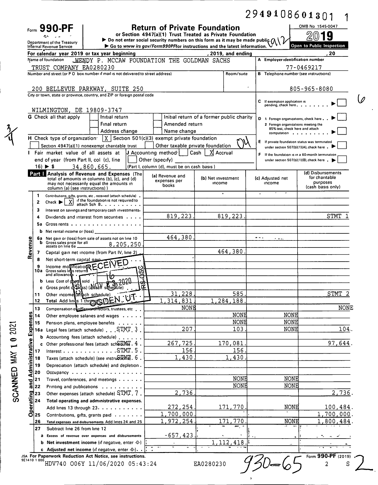Image of first page of 2019 Form 990PF for Wendy P Mccaw Foundation the Goldman Sachs