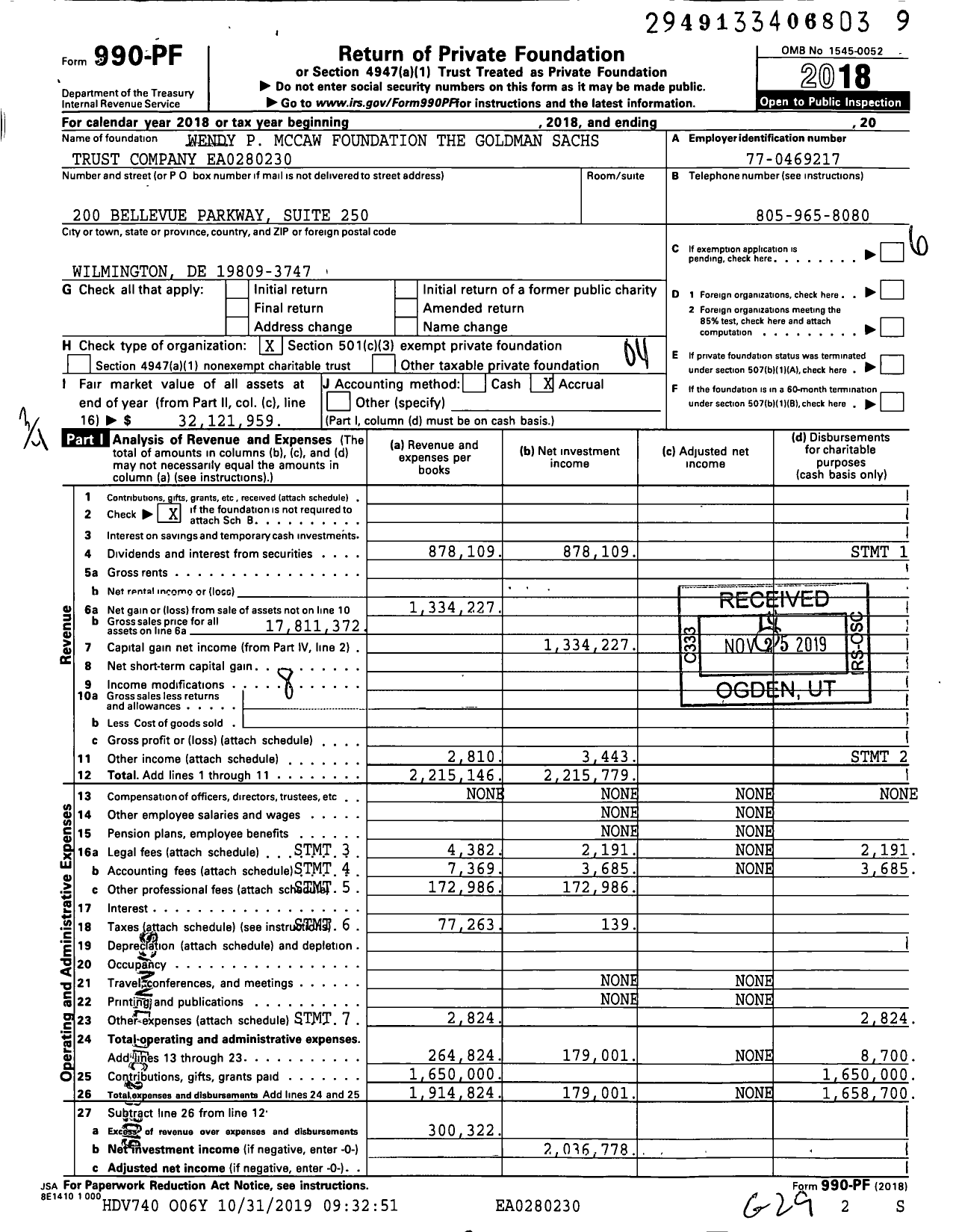 Image of first page of 2018 Form 990PF for Wendy P Mccaw Foundation the Goldman Sachs