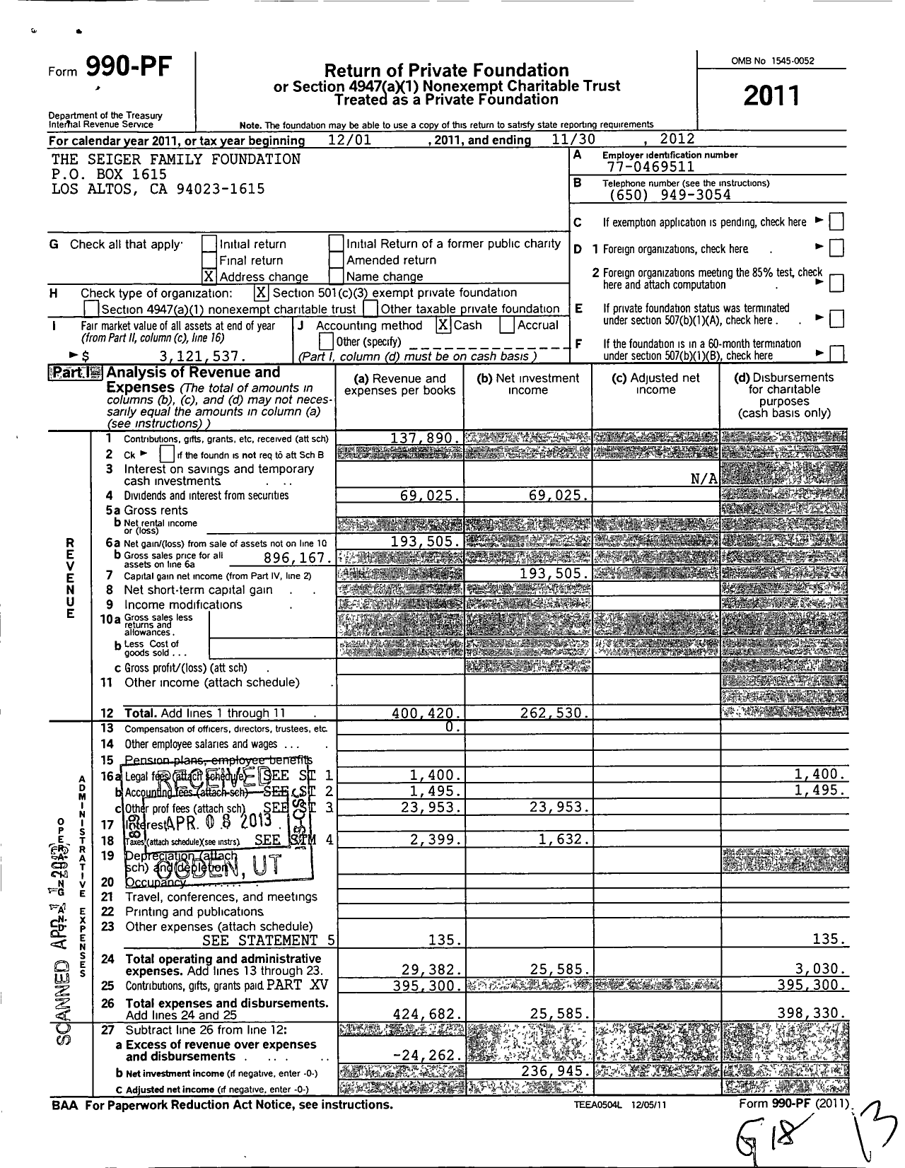 Image of first page of 2011 Form 990PF for Seiger Family Foundation