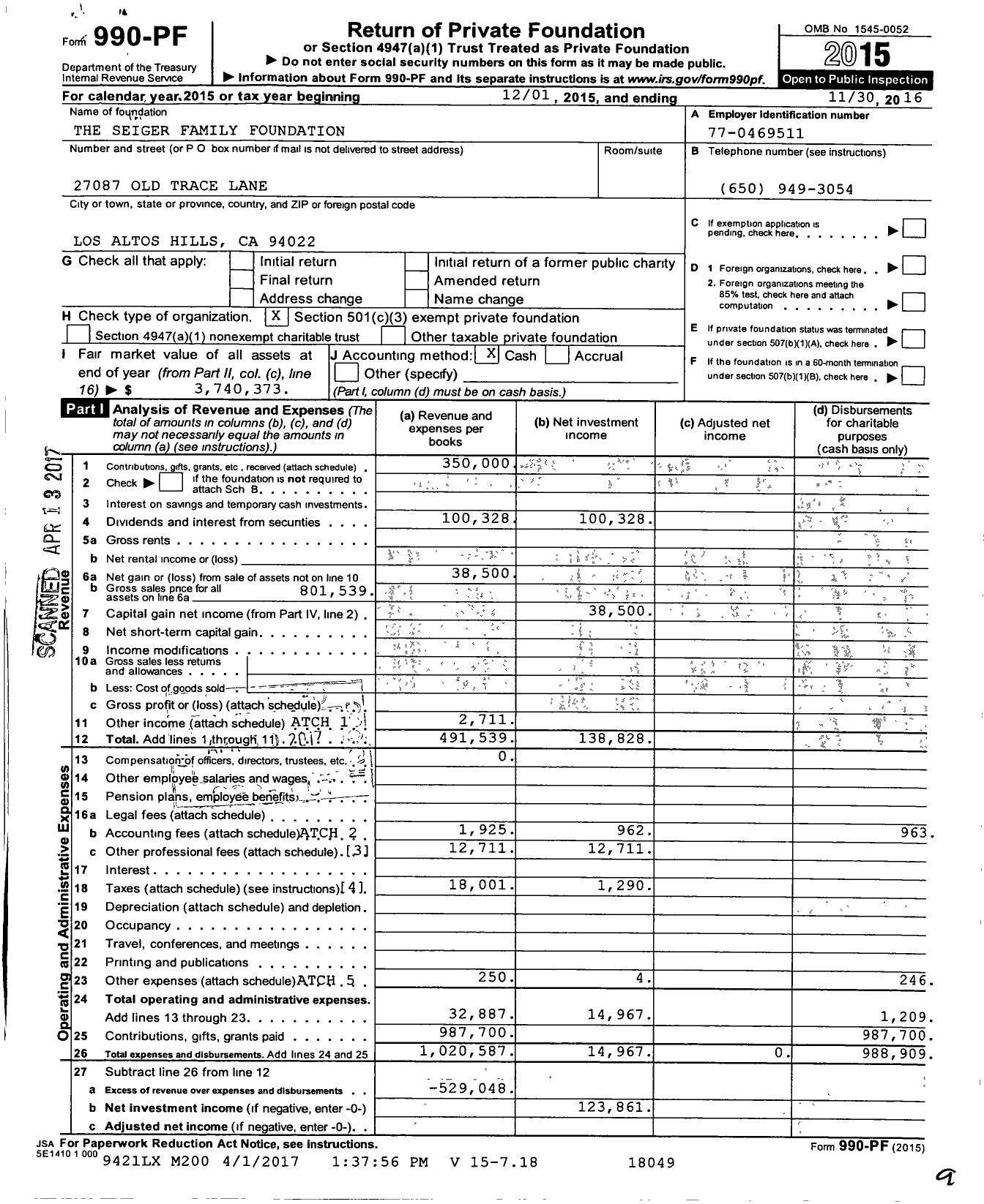 Image of first page of 2015 Form 990PF for Seiger Family Foundation