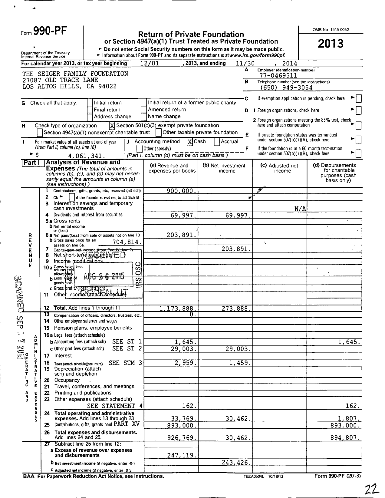 Image of first page of 2013 Form 990PF for Seiger Family Foundation