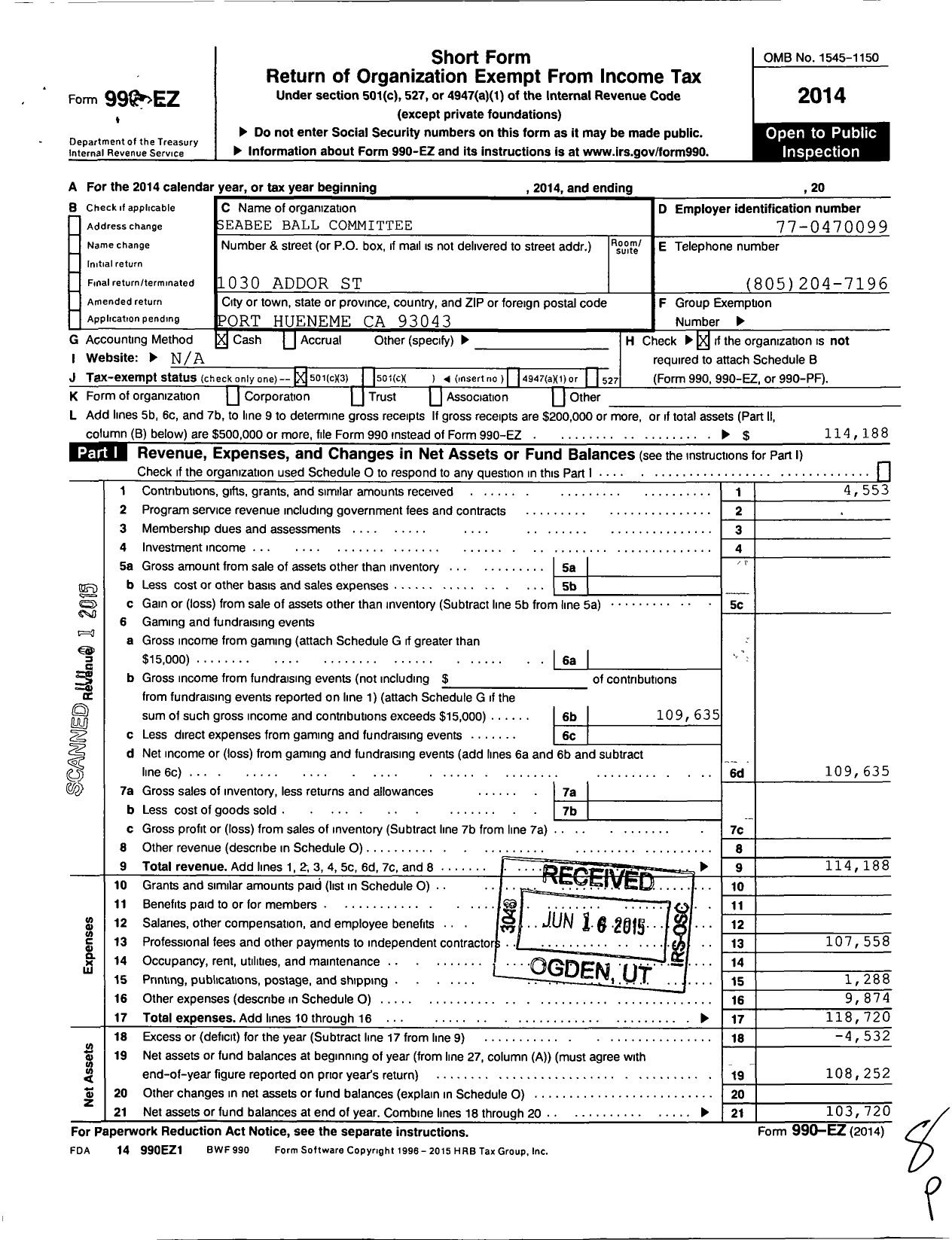 Image of first page of 2014 Form 990EZ for Seabee Ball Committee