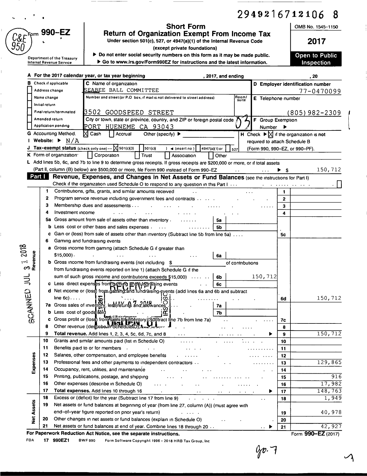 Image of first page of 2017 Form 990EZ for Seabee Ball Committee