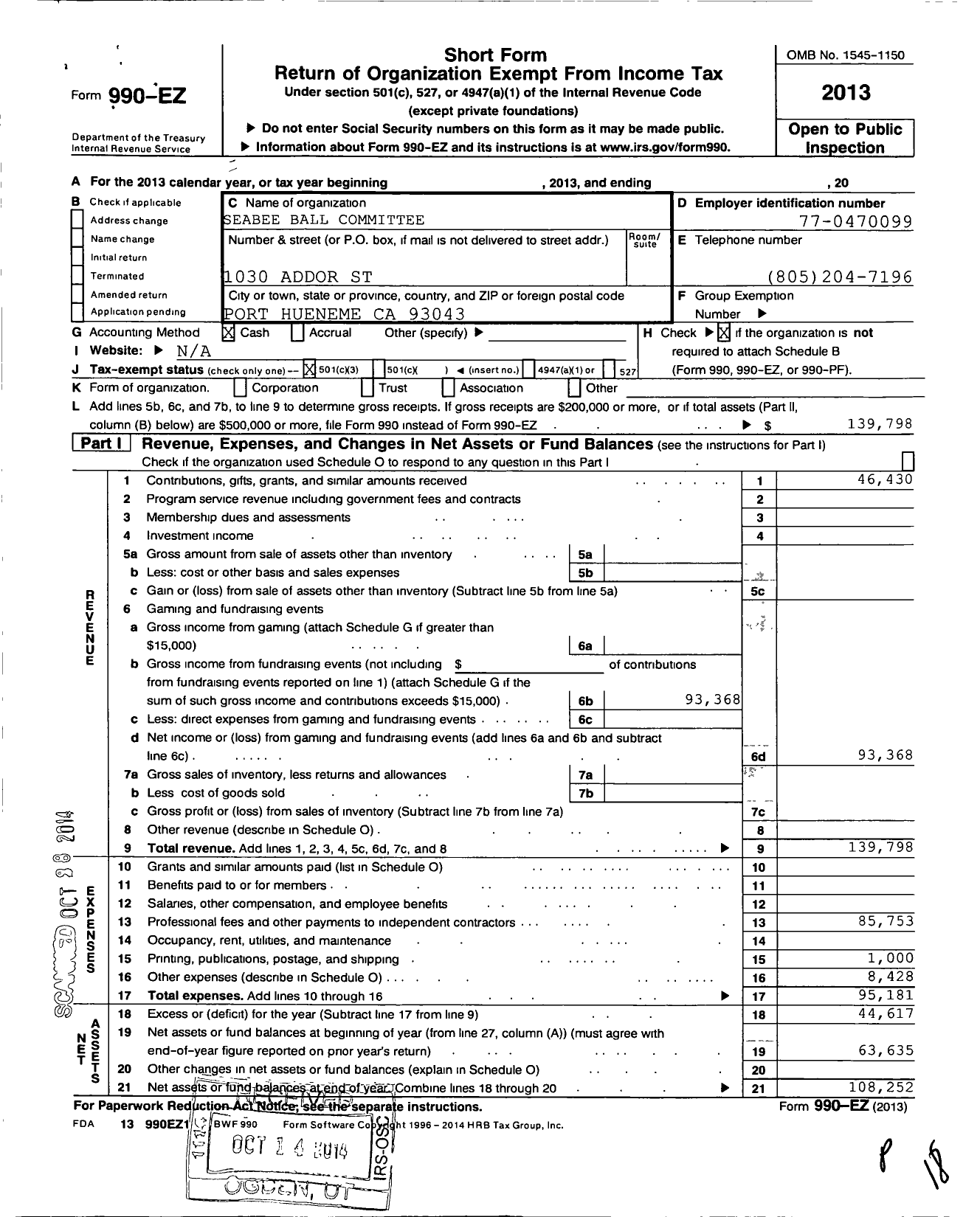 Image of first page of 2013 Form 990EZ for Seabee Ball Committee