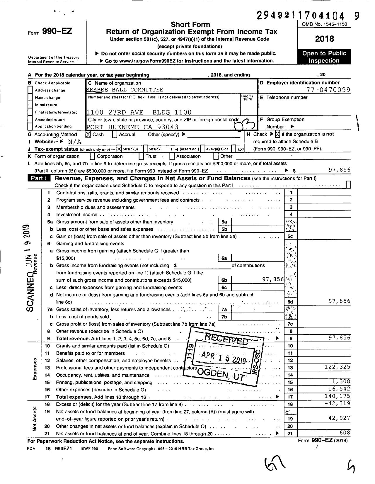 Image of first page of 2018 Form 990EZ for Seabee Ball Committee