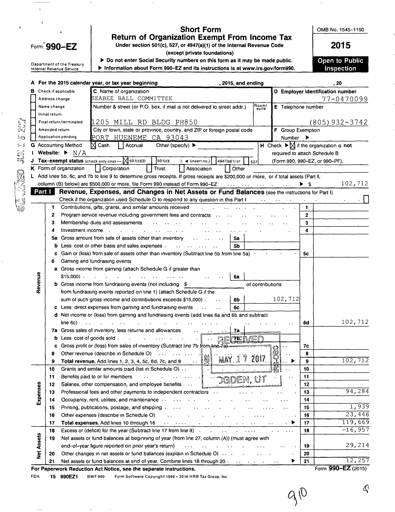 Image of first page of 2015 Form 990EZ for Seabee Ball Committee