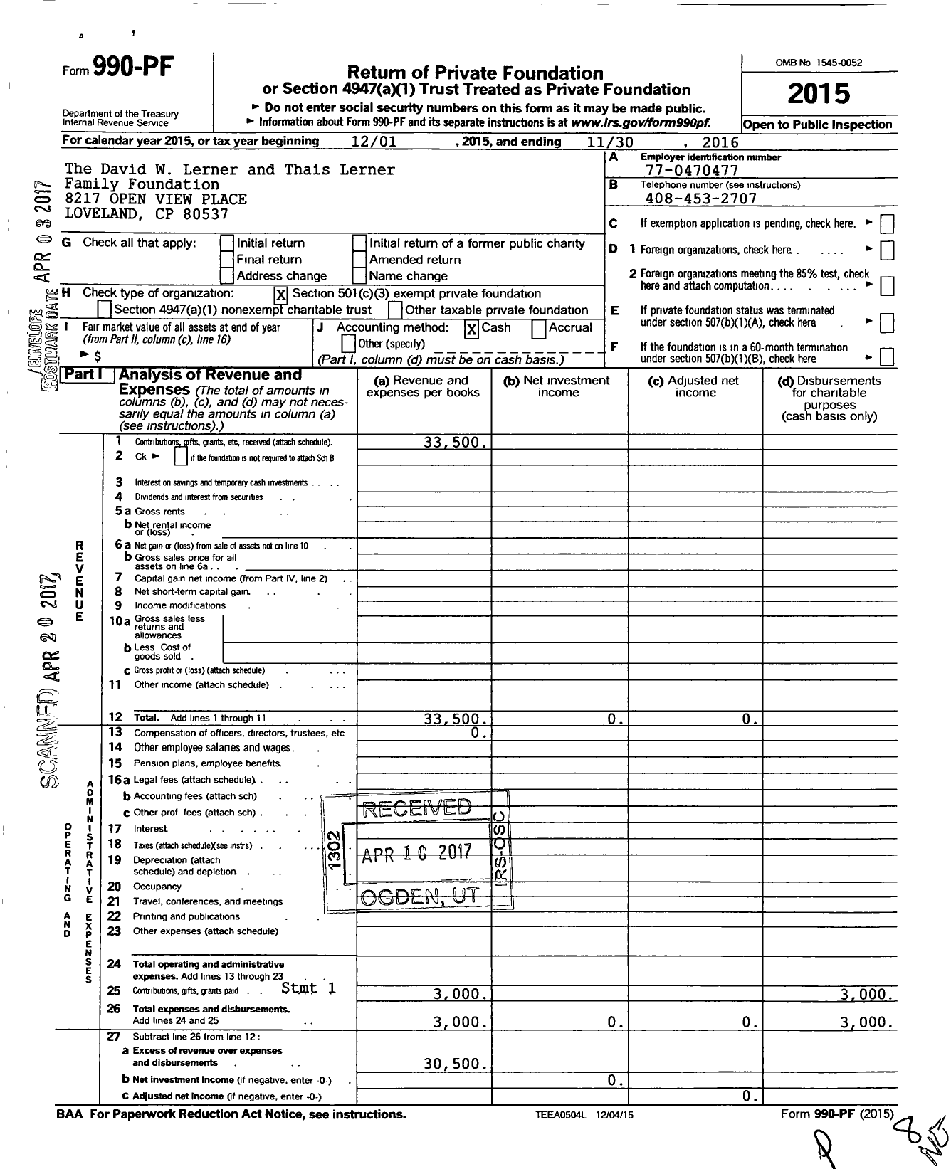 Image of first page of 2015 Form 990PF for David W Lerner and Thais Lerner Family Foundation