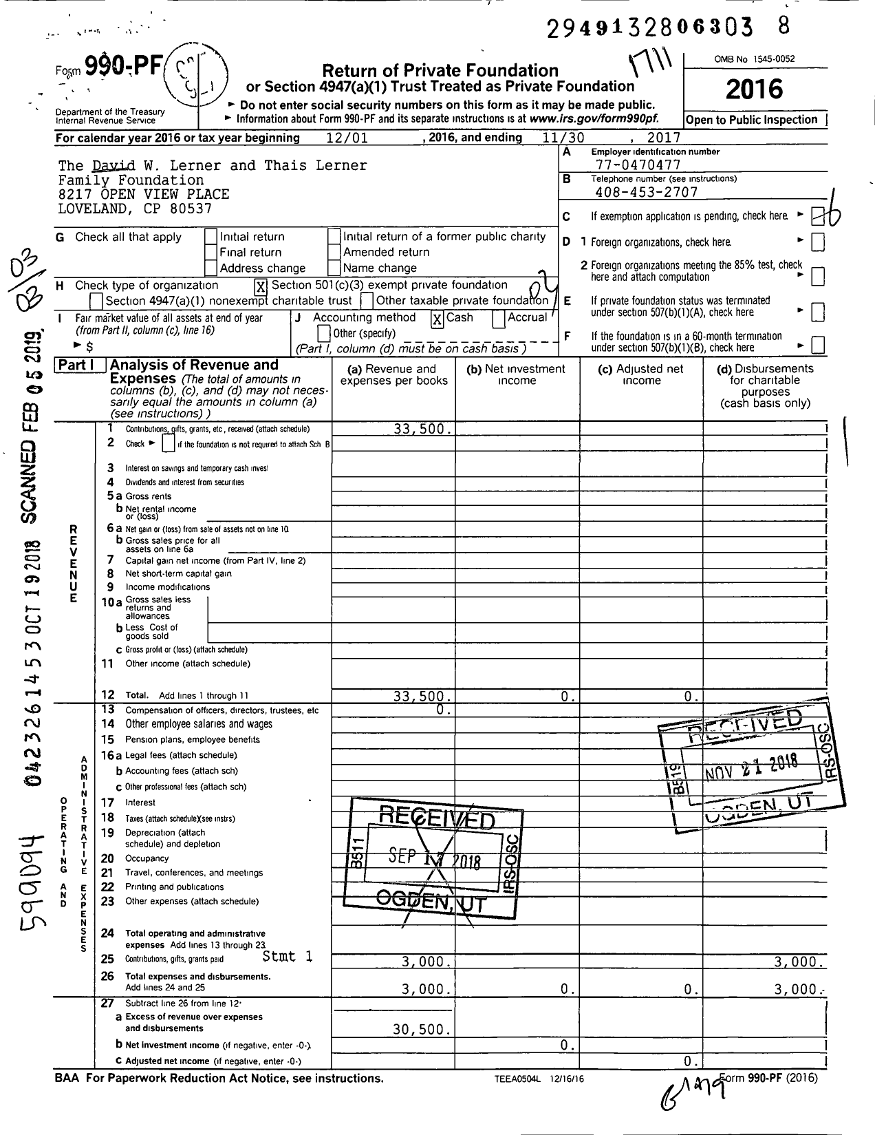 Image of first page of 2016 Form 990PF for David W Lerner and Thais Lerner Family Foundation