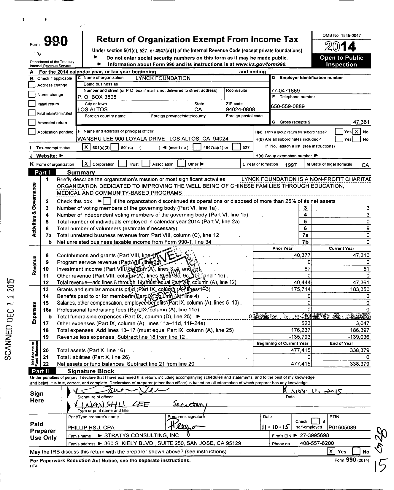 Image of first page of 2014 Form 990 for Lynck Foundation