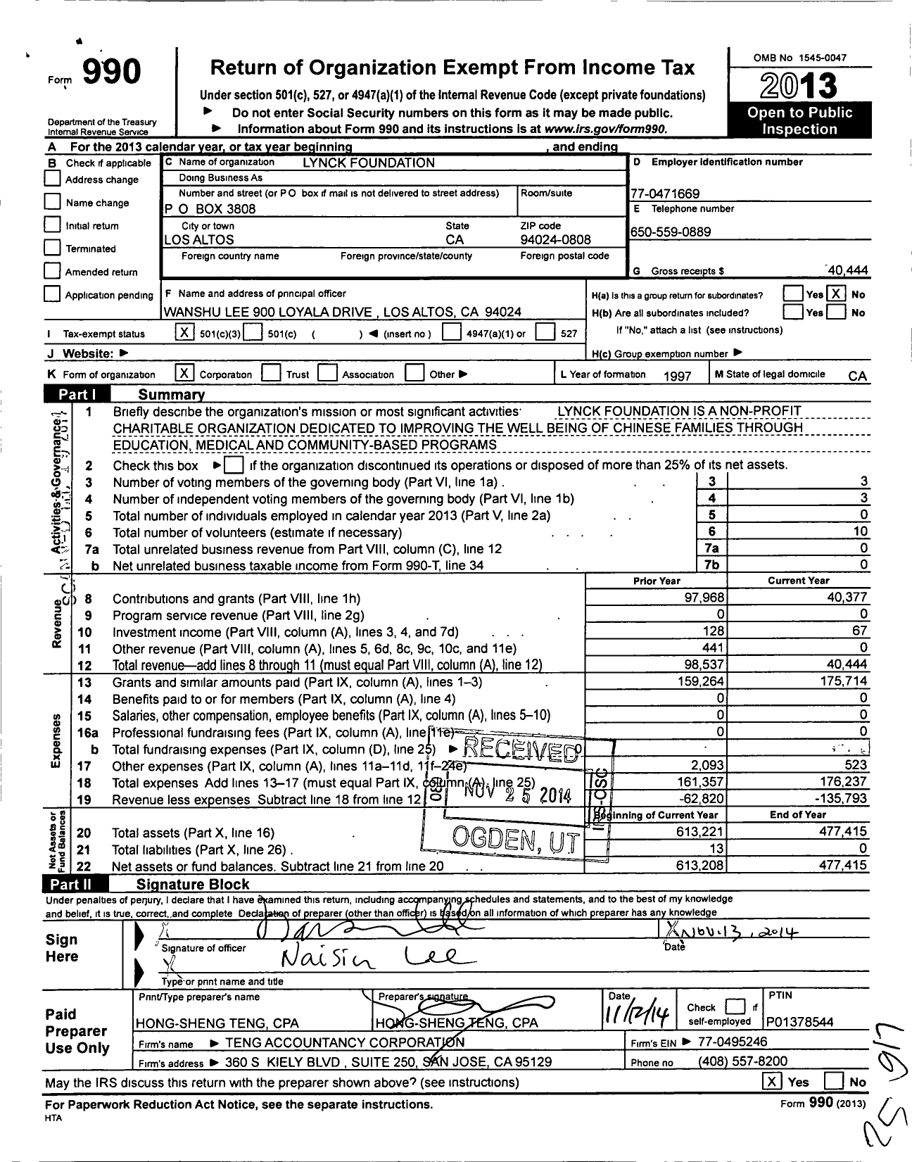 Image of first page of 2013 Form 990 for Lynck Foundation