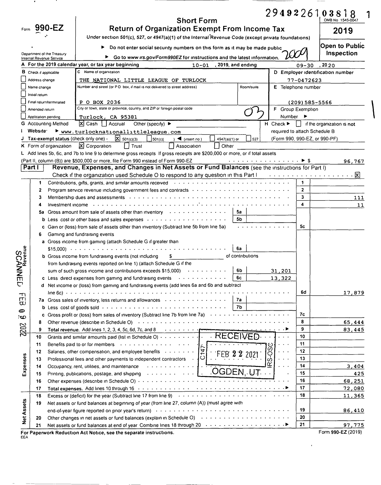 Image of first page of 2019 Form 990EZ for Little League Baseball - 4051010 Turlock National LL