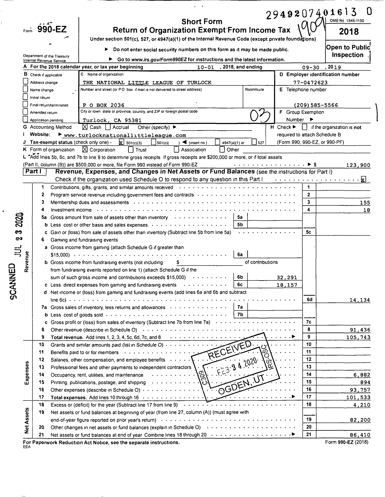 Image of first page of 2018 Form 990EZ for Little League Baseball - 4051010 Turlock National LL