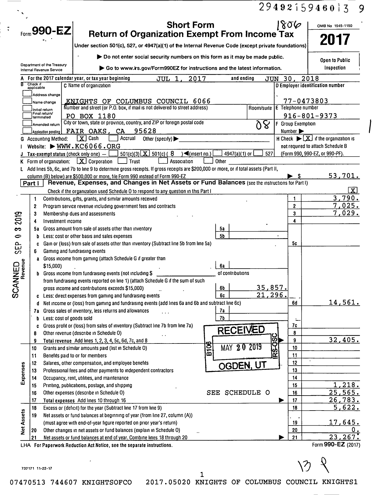 Image of first page of 2017 Form 990EO for Knights of Columbus - 6066 Fair Oaks Council