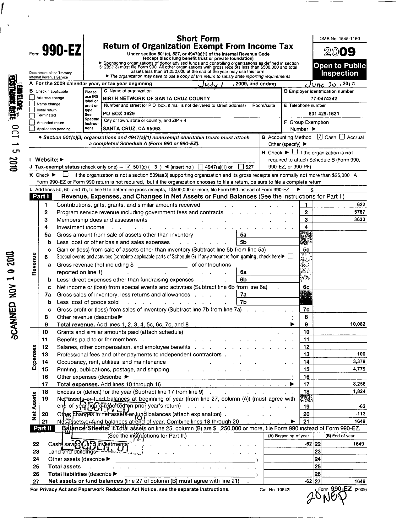 Image of first page of 2009 Form 990EZ for Birth Network of Santa Cruz County