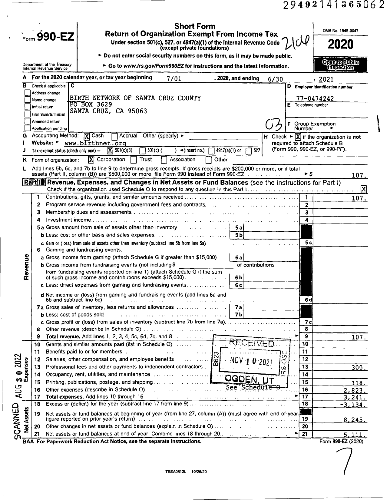 Image of first page of 2020 Form 990EZ for Birth Network of Santa Cruz County