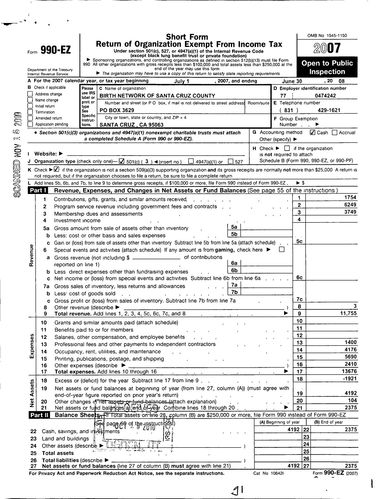 Image of first page of 2007 Form 990EZ for Birth Network of Santa Cruz County