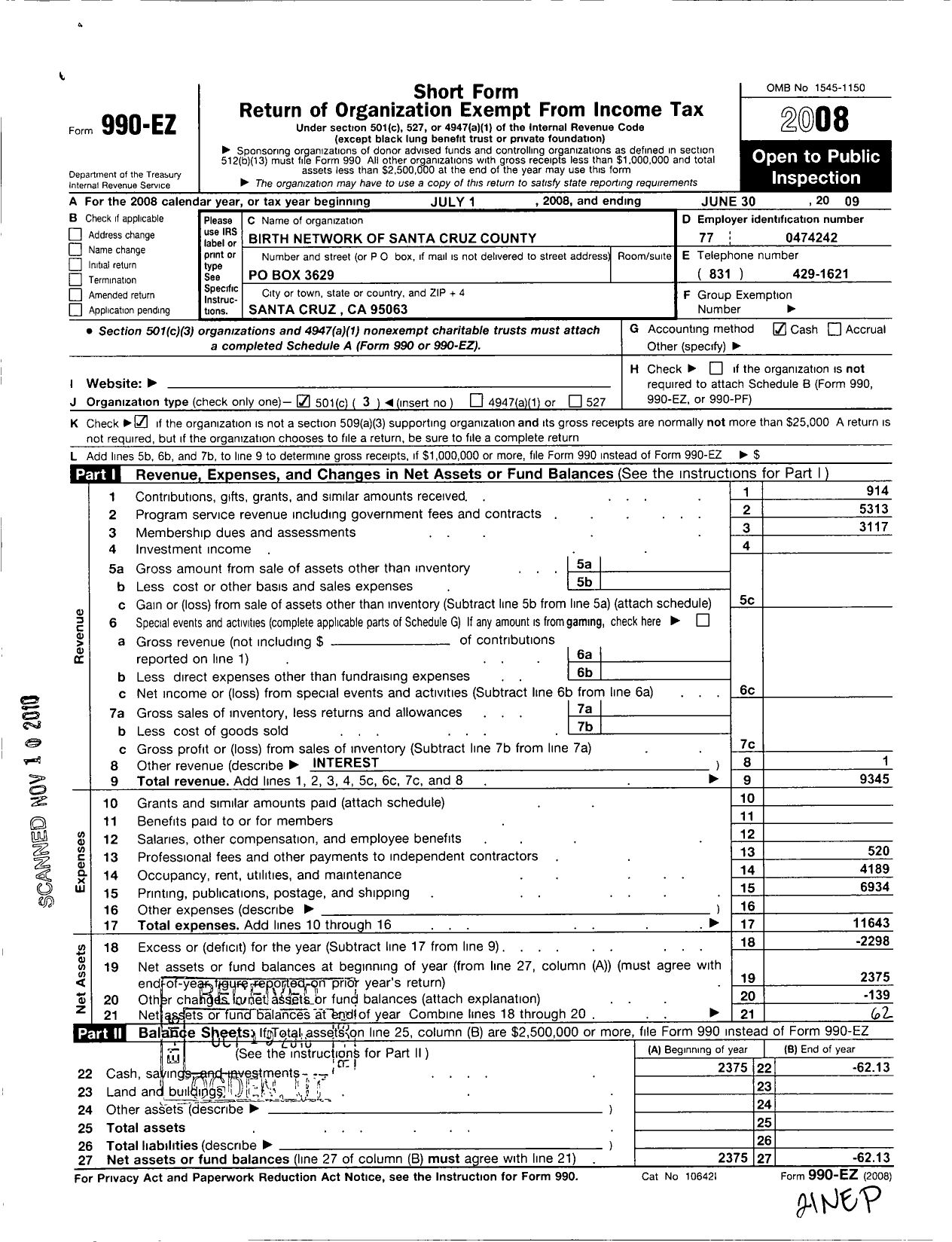 Image of first page of 2008 Form 990EZ for Birth Network of Santa Cruz County