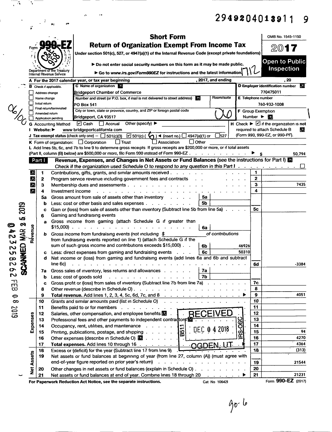 Image of first page of 2017 Form 990EO for Bridgeport Chamber of Commerce