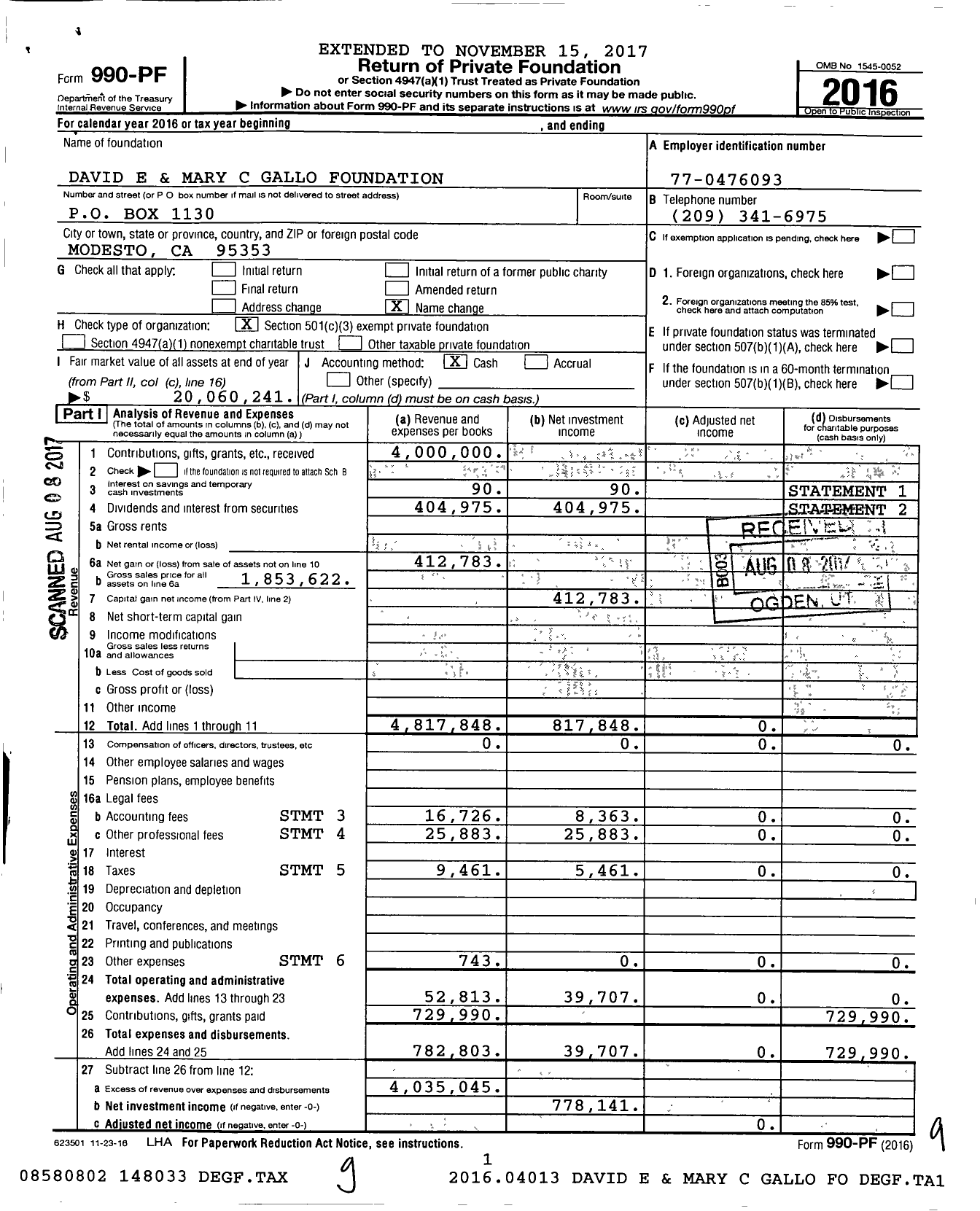 Image of first page of 2016 Form 990PF for David E and Mary C Gallo Foundation