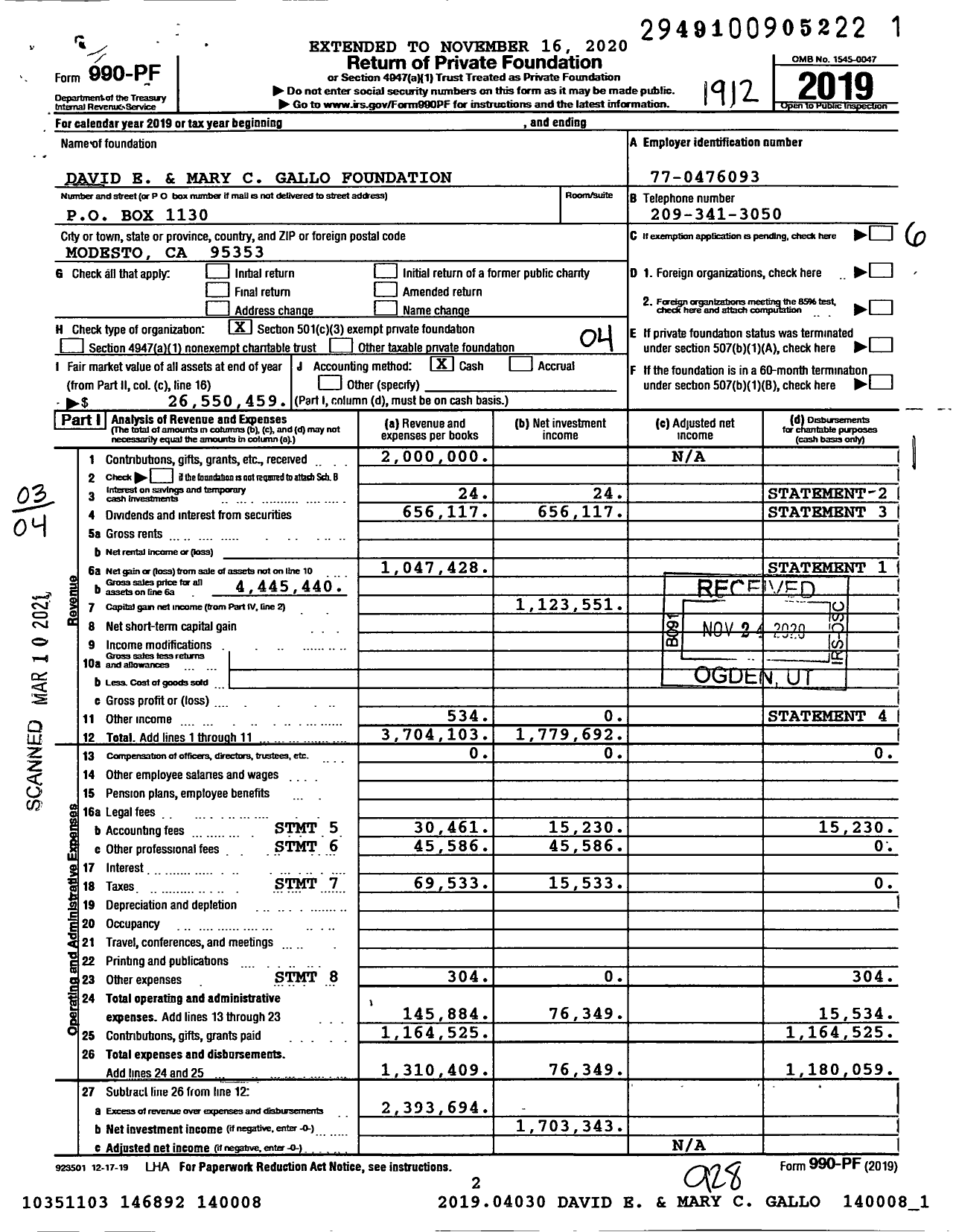 Image of first page of 2019 Form 990PF for David E and Mary C Gallo Foundation