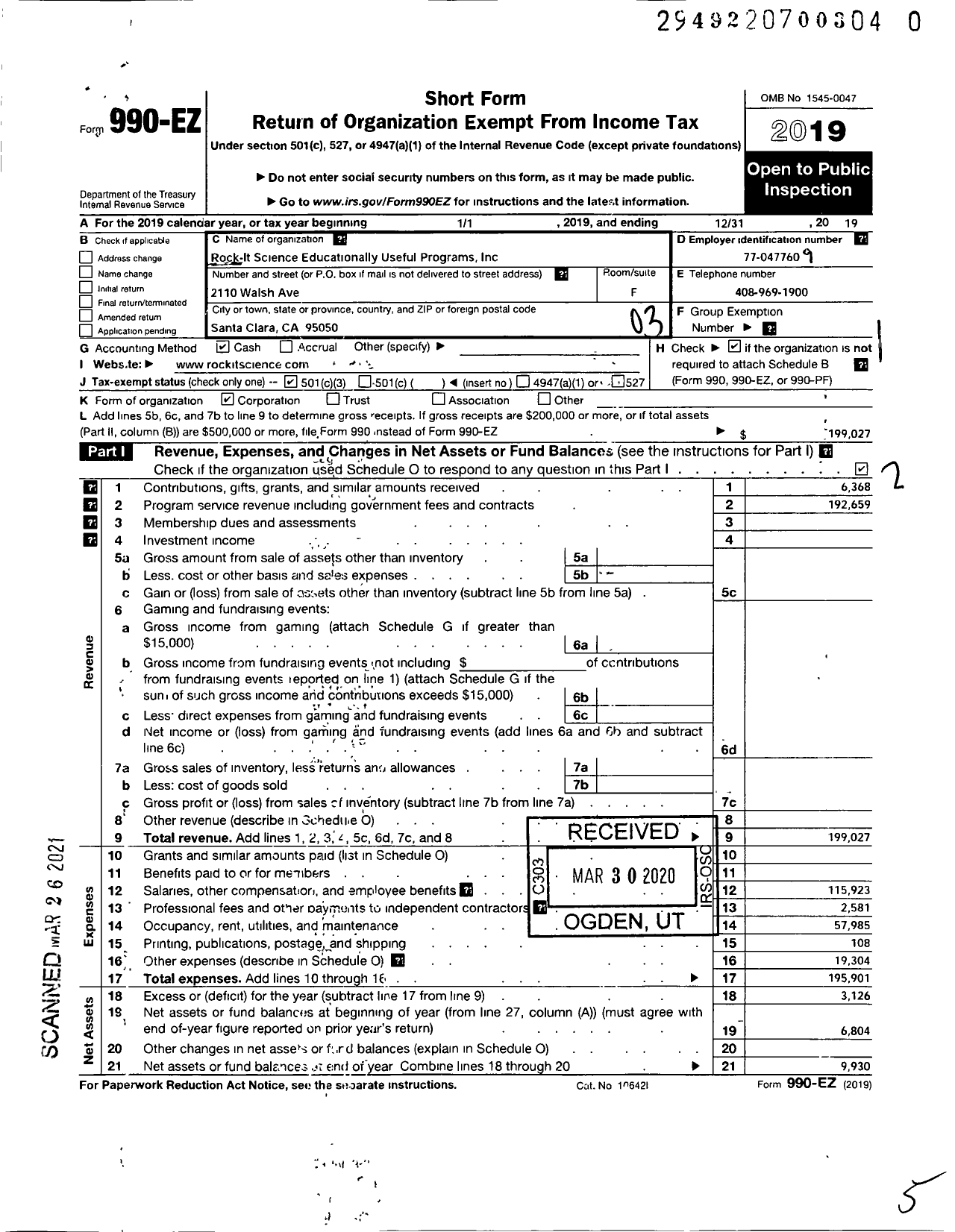 Image of first page of 2019 Form 990EZ for Rock-It Science Educationally Useful Programs