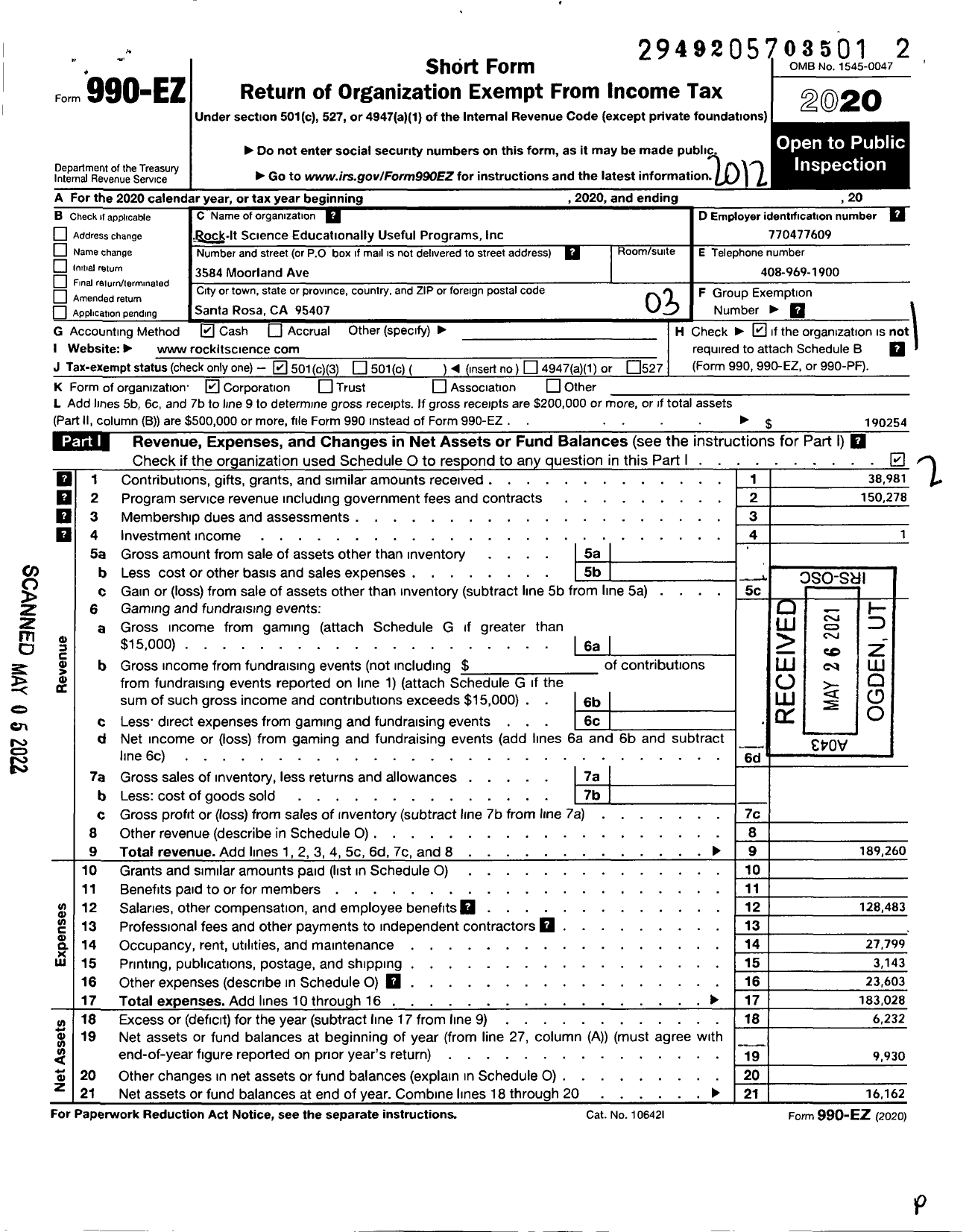 Image of first page of 2020 Form 990EZ for Rock-It Science Educationally Useful Programs