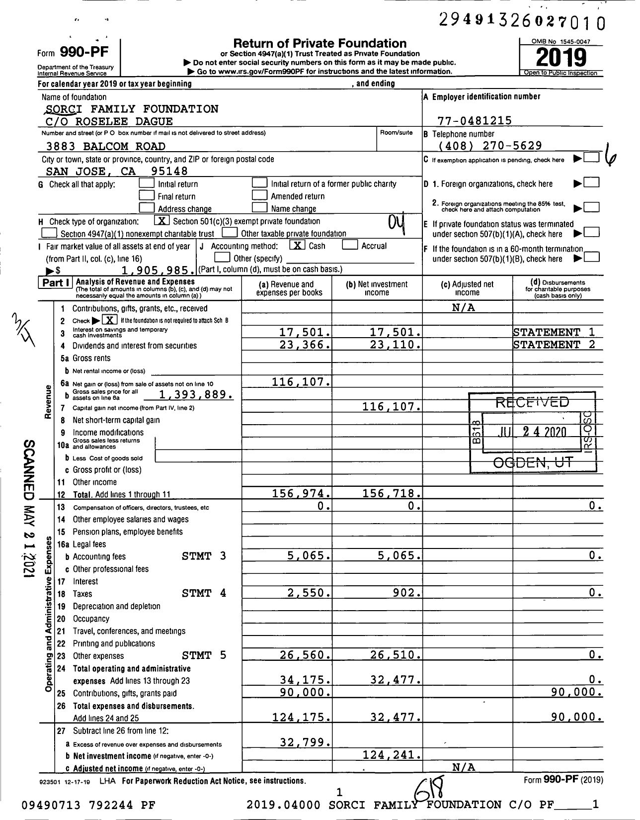 Image of first page of 2019 Form 990PF for Sorci Family Foundation