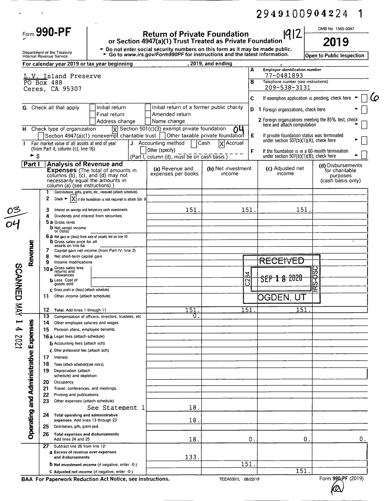 Image of first page of 2019 Form 990PF for LV Island Preserve