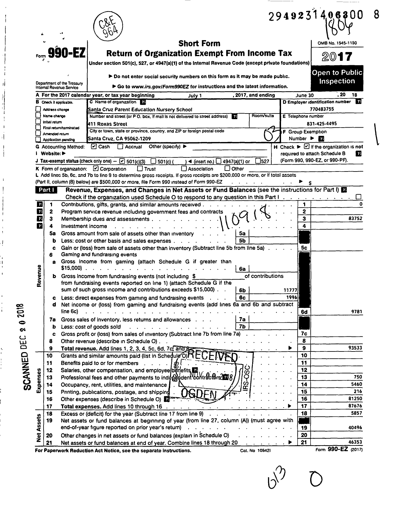 Image of first page of 2017 Form 990EZ for Santa Cruz Parent Education Nursery School