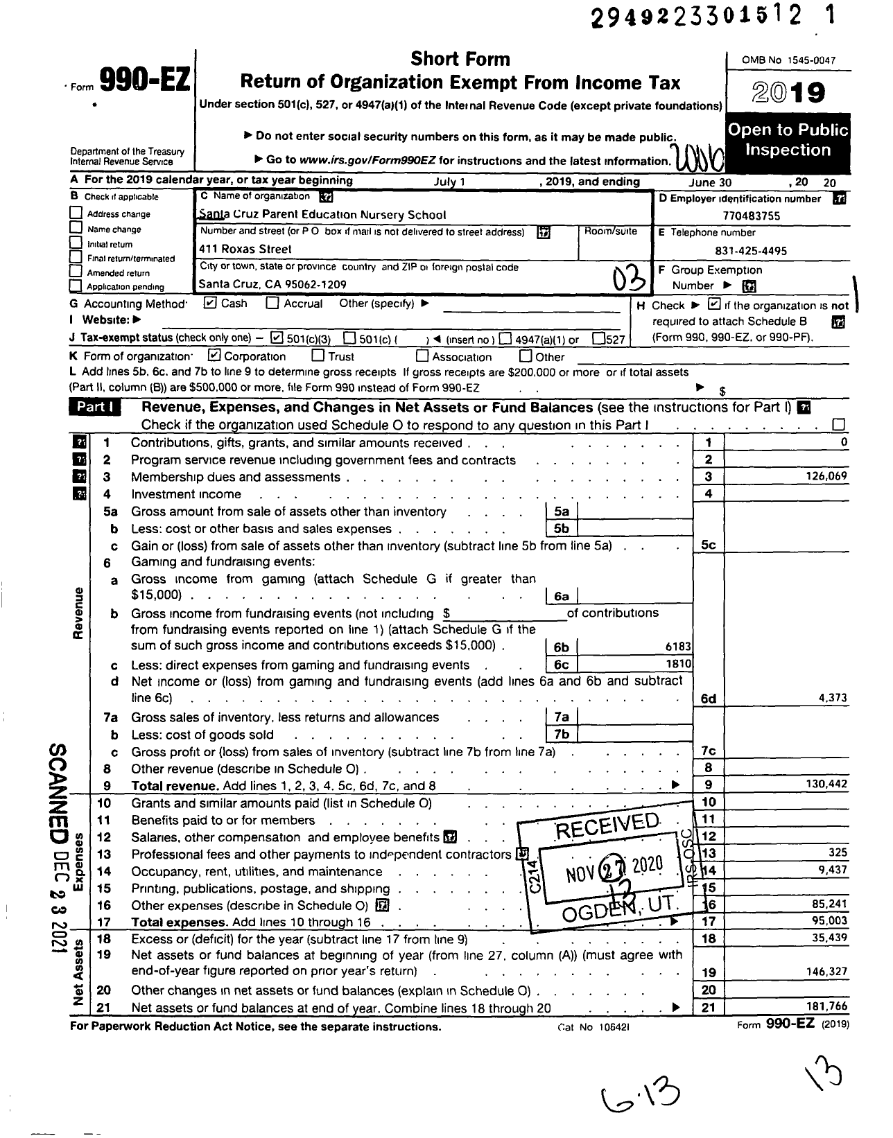 Image of first page of 2019 Form 990EZ for Santa Cruz Parent Education Nursery School