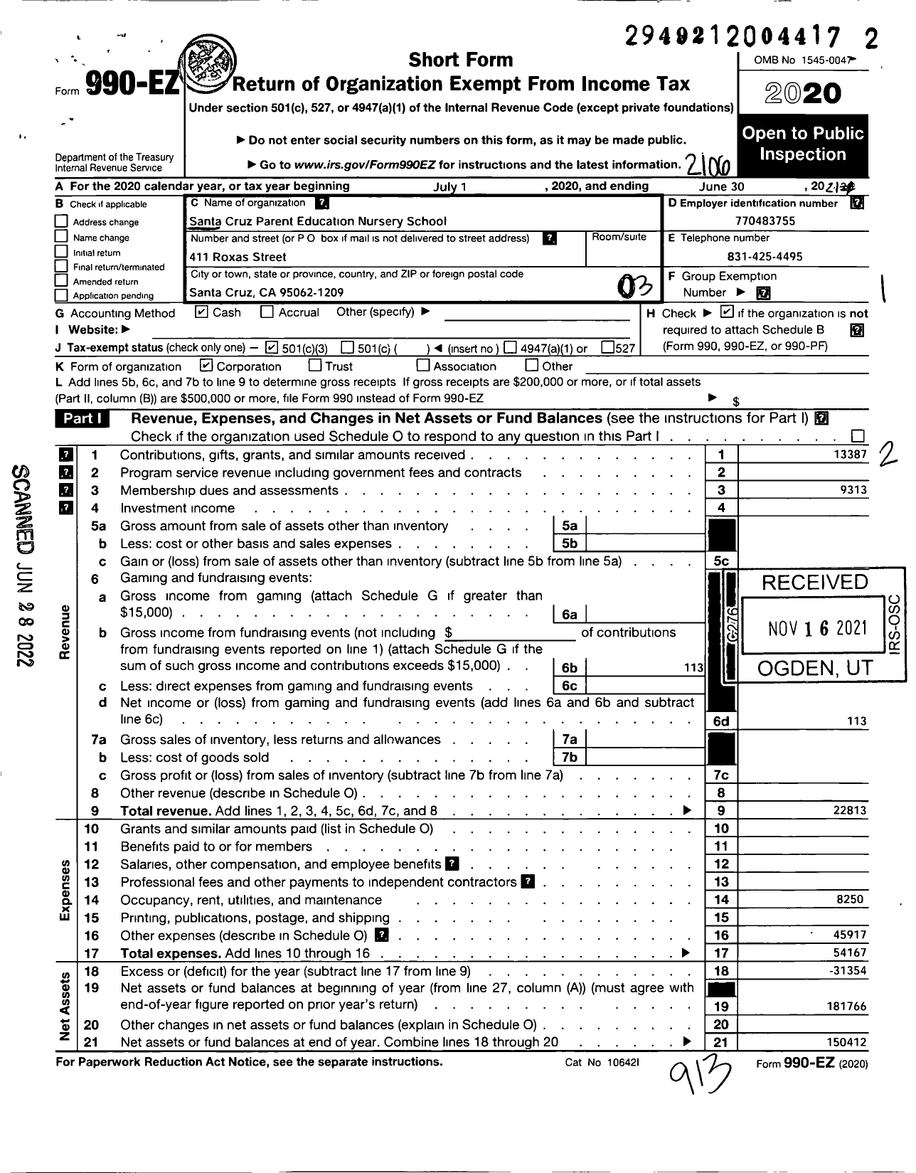 Image of first page of 2020 Form 990EZ for Santa Cruz Parent Education Nursery School