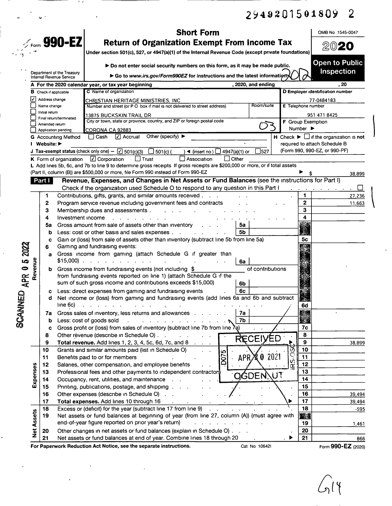 Image of first page of 2020 Form 990EZ for Christian Heritage Ministries