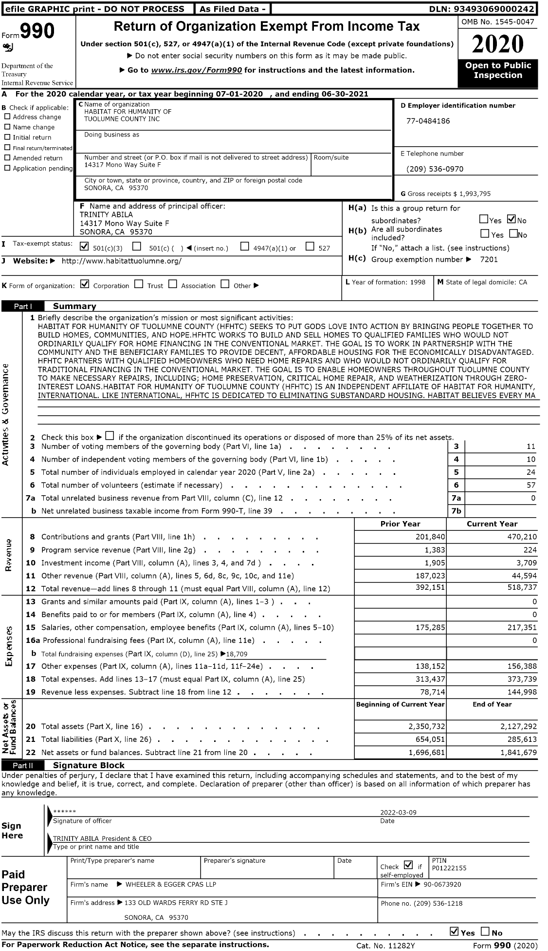 Image of first page of 2020 Form 990 for Habitat for Humanity - Tuolumne County HFH of