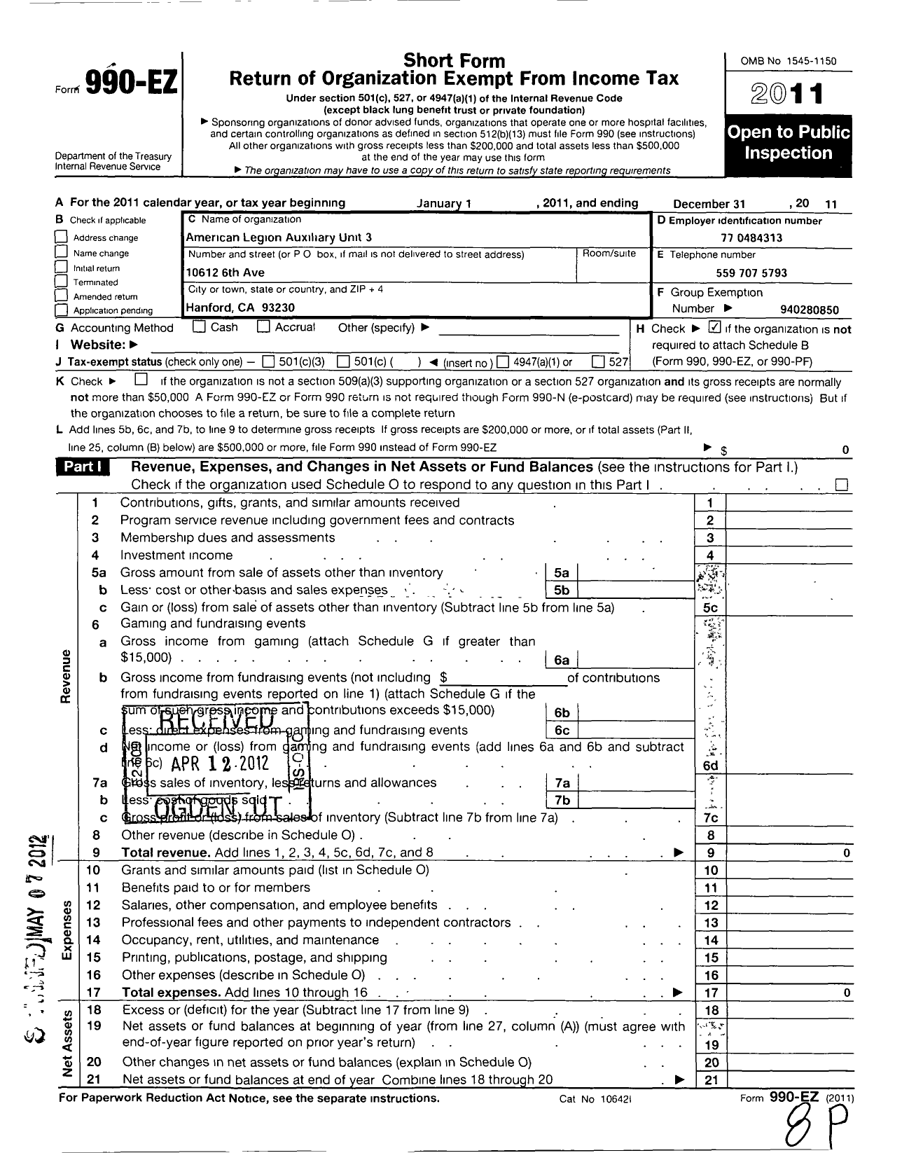 Image of first page of 2011 Form 990EO for American Legion Auxiliary - 3 Hanford
