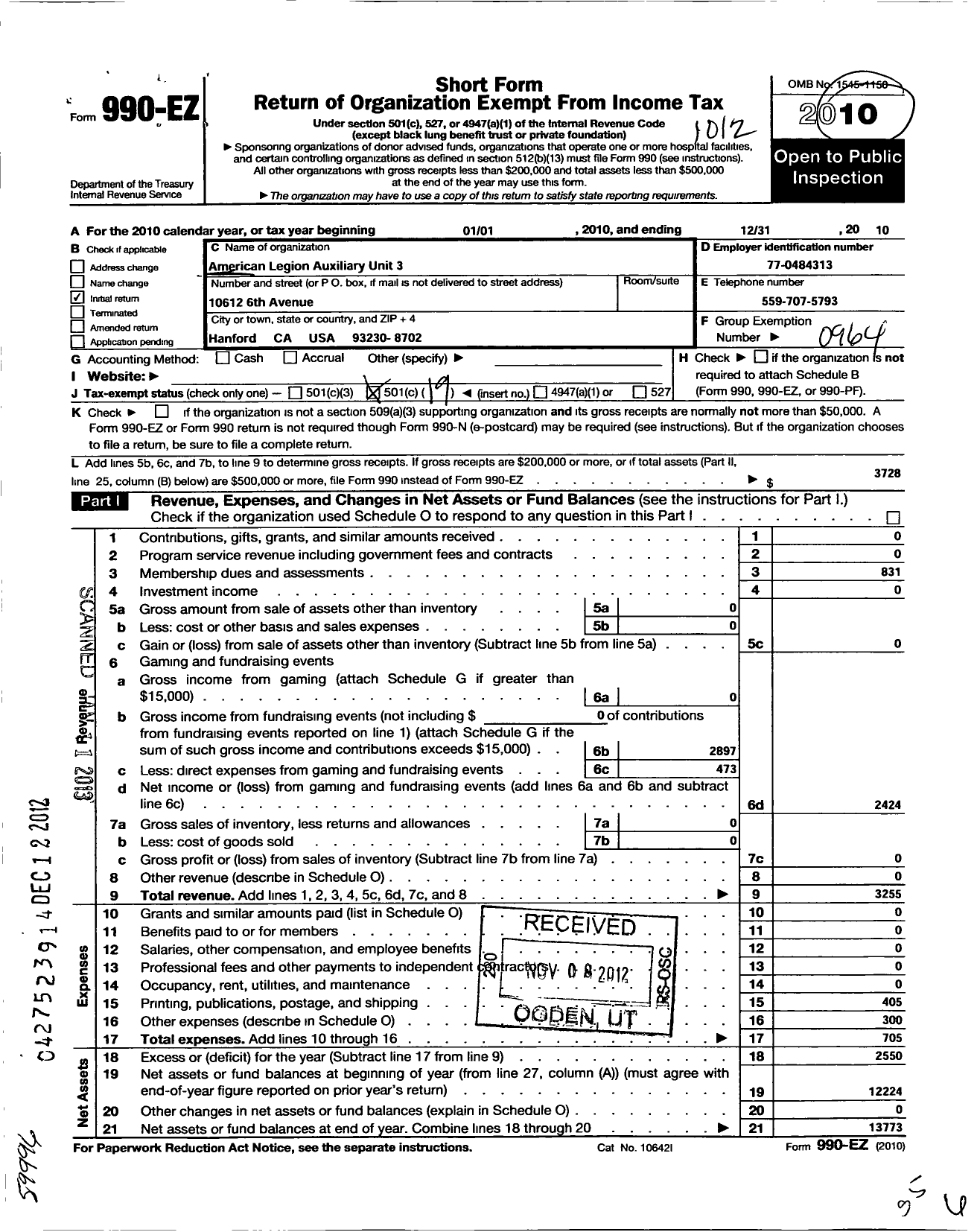 Image of first page of 2010 Form 990EO for American Legion Auxiliary - 3 Hanford