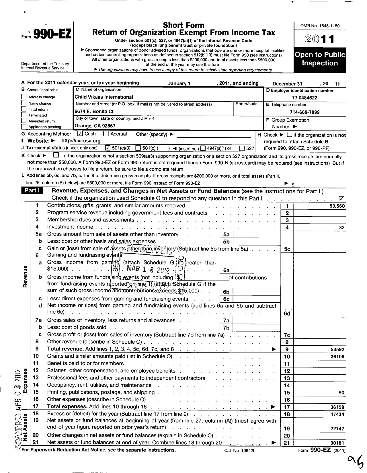 Image of first page of 2011 Form 990EZ for Child Vikaas International