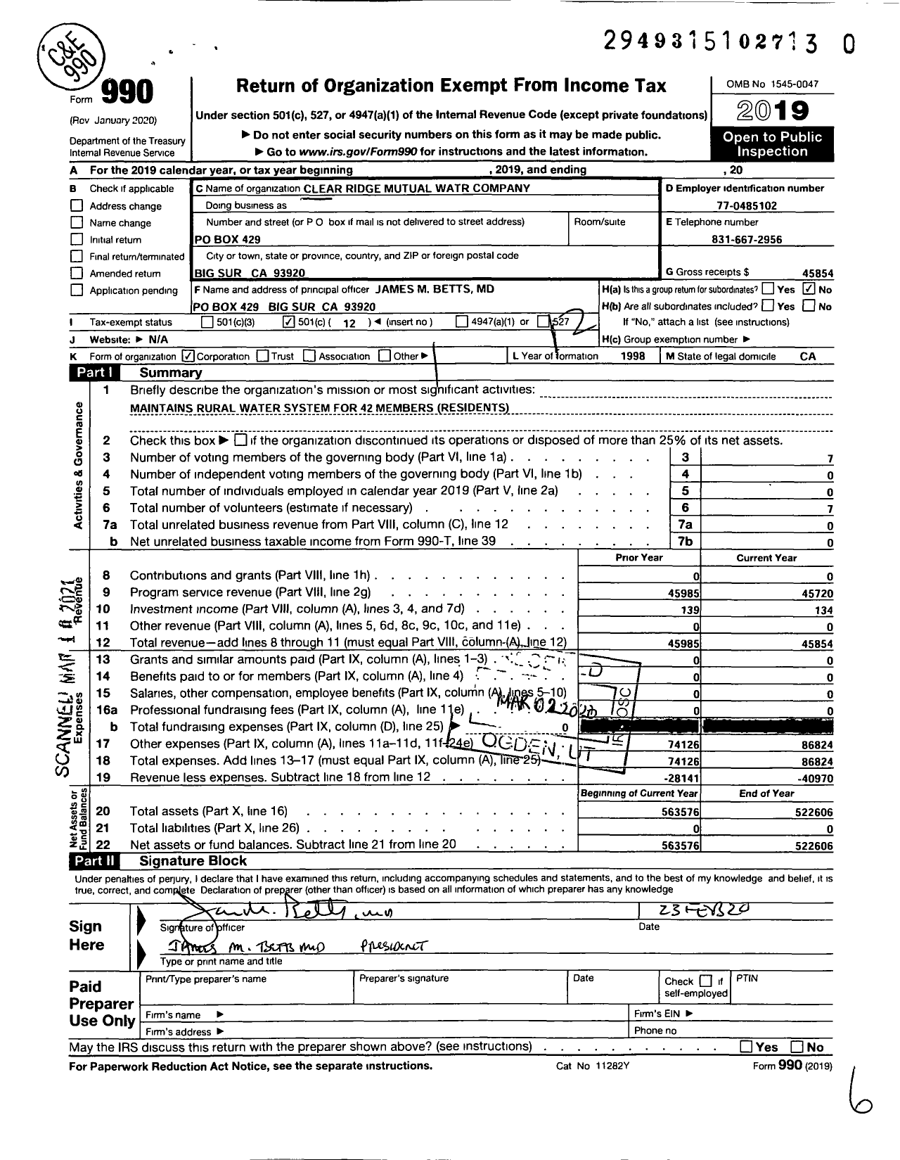 Image of first page of 2019 Form 990O for Clear Ridge Mutual Water Company