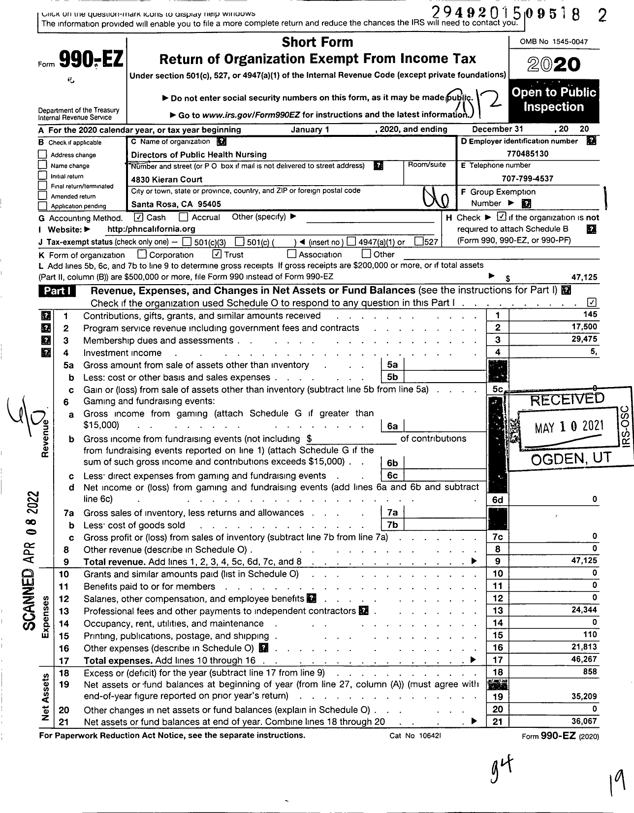 Image of first page of 2020 Form 990EO for Directors of Public Health Nursing