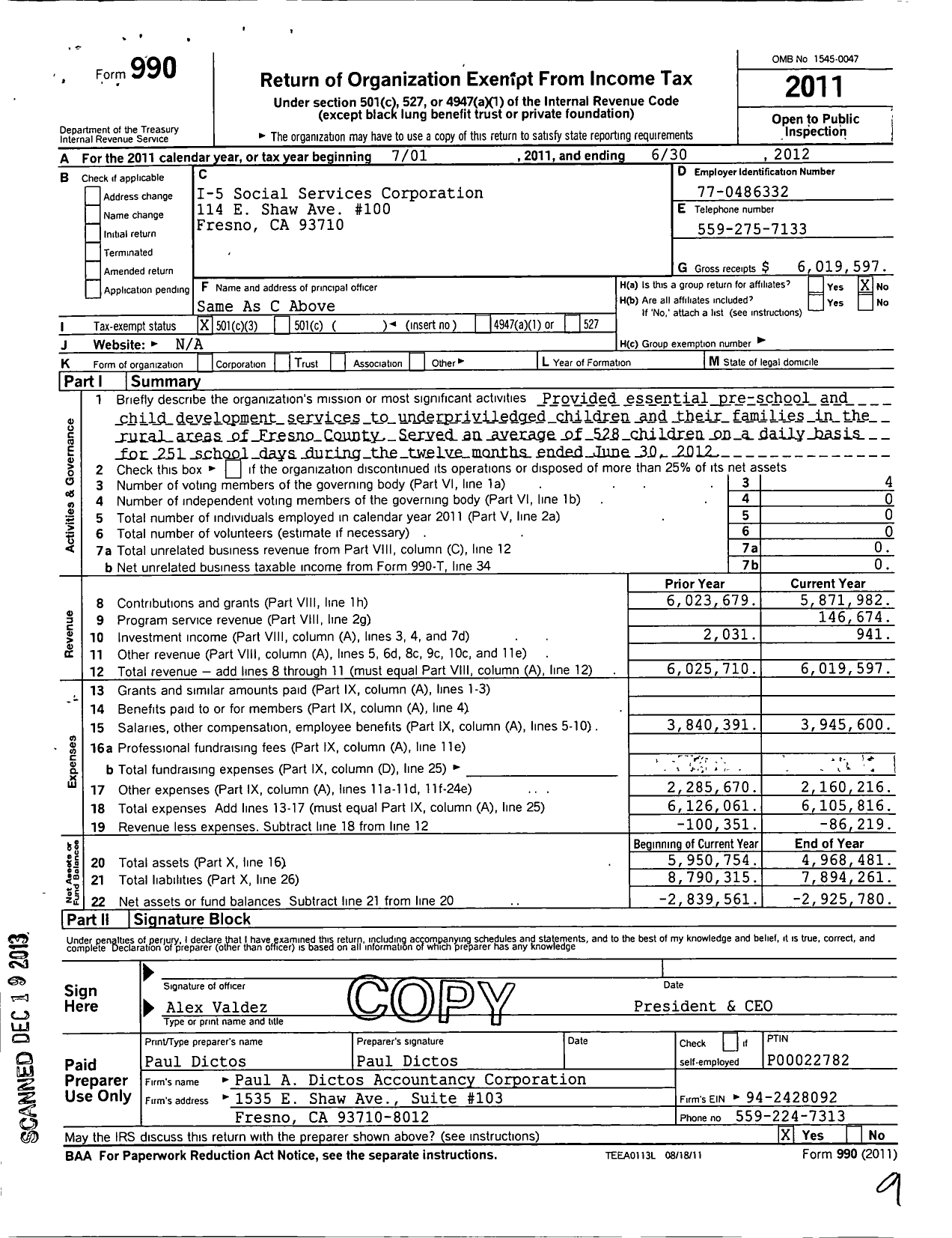 Image of first page of 2011 Form 990 for I-5 Social Services Corporation