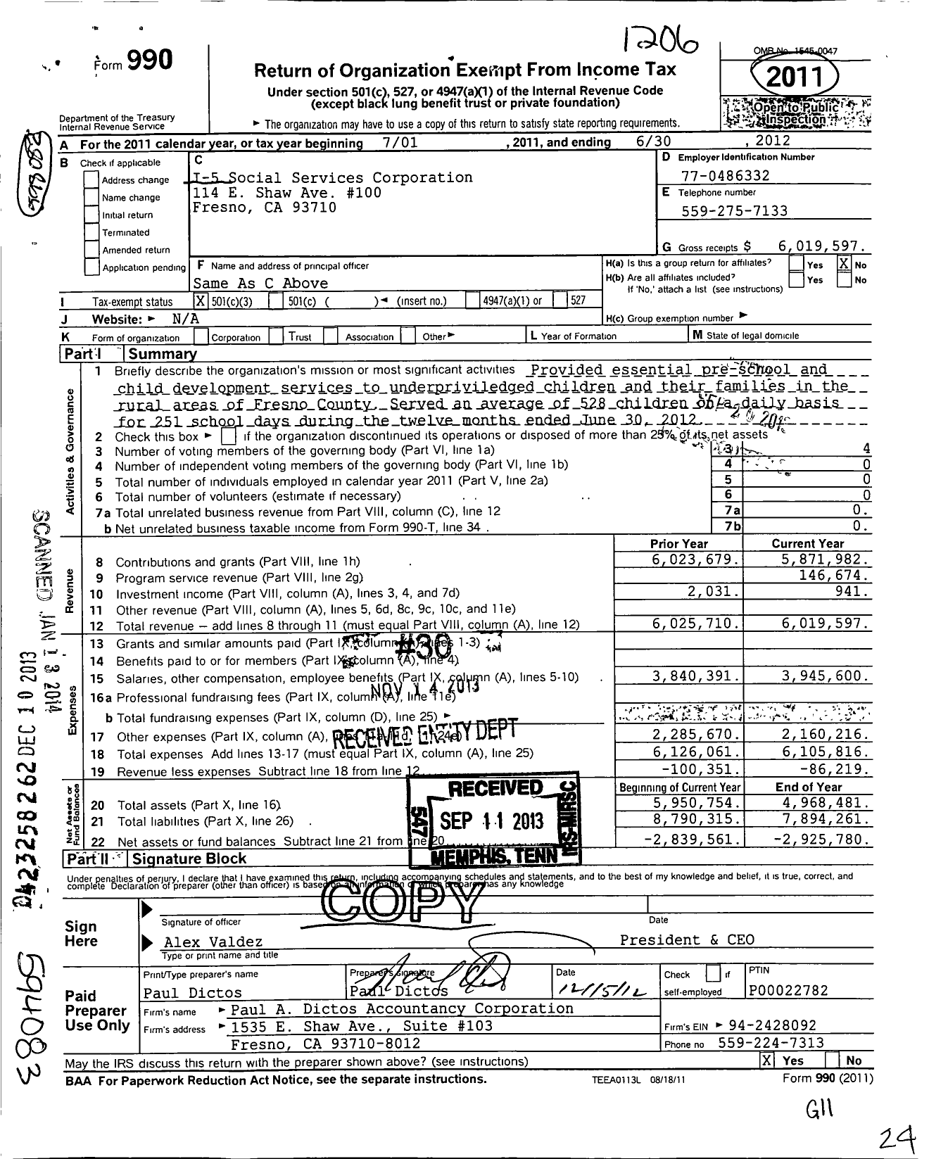 Image of first page of 2011 Form 990 for I-5 Social Services Corporation