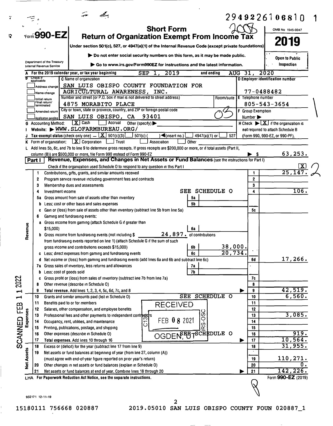 Image of first page of 2019 Form 990EZ for San Luis Obispo County Foundation for Agricultural Awareness