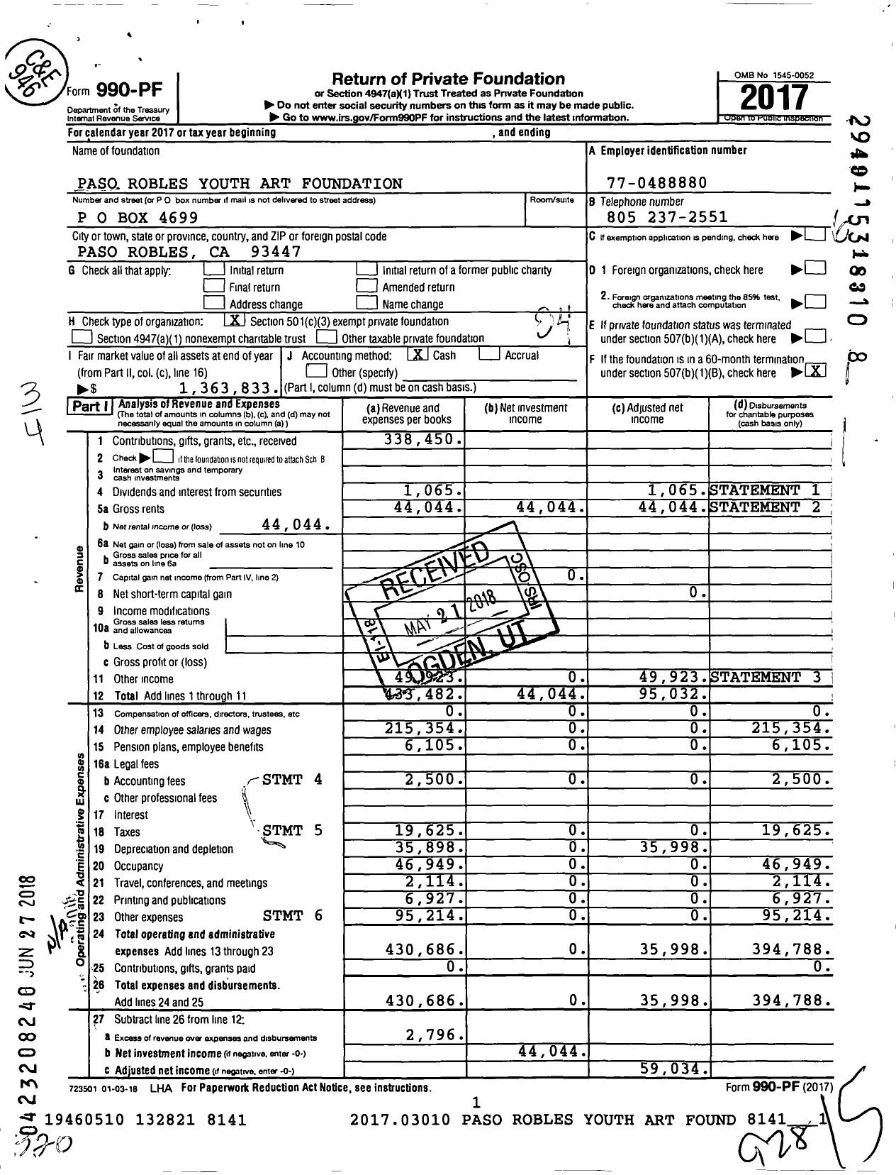 Image of first page of 2017 Form 990PF for Paso Robles Youth Arts Center