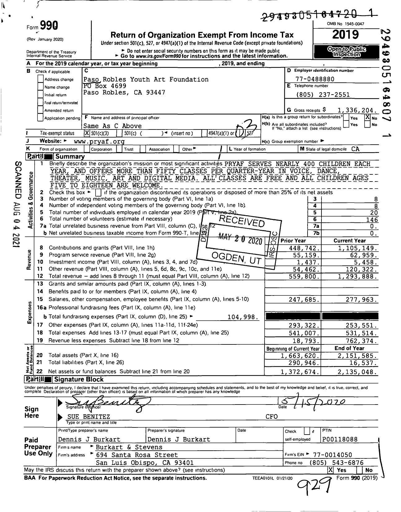 Image of first page of 2019 Form 990 for Paso Robles Youth Arts Center