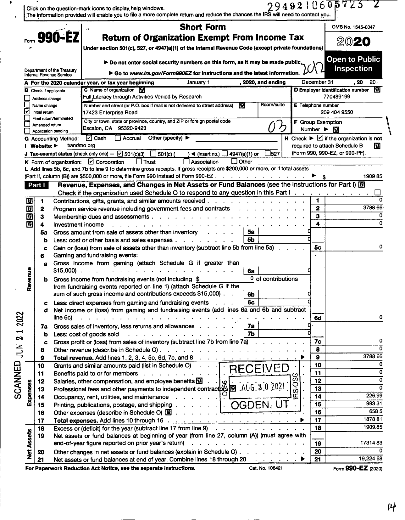 Image of first page of 2020 Form 990EZ for FULL LITERACY THROUGH ACTIVITIES VERIFIED By Reasearch RESEARCH