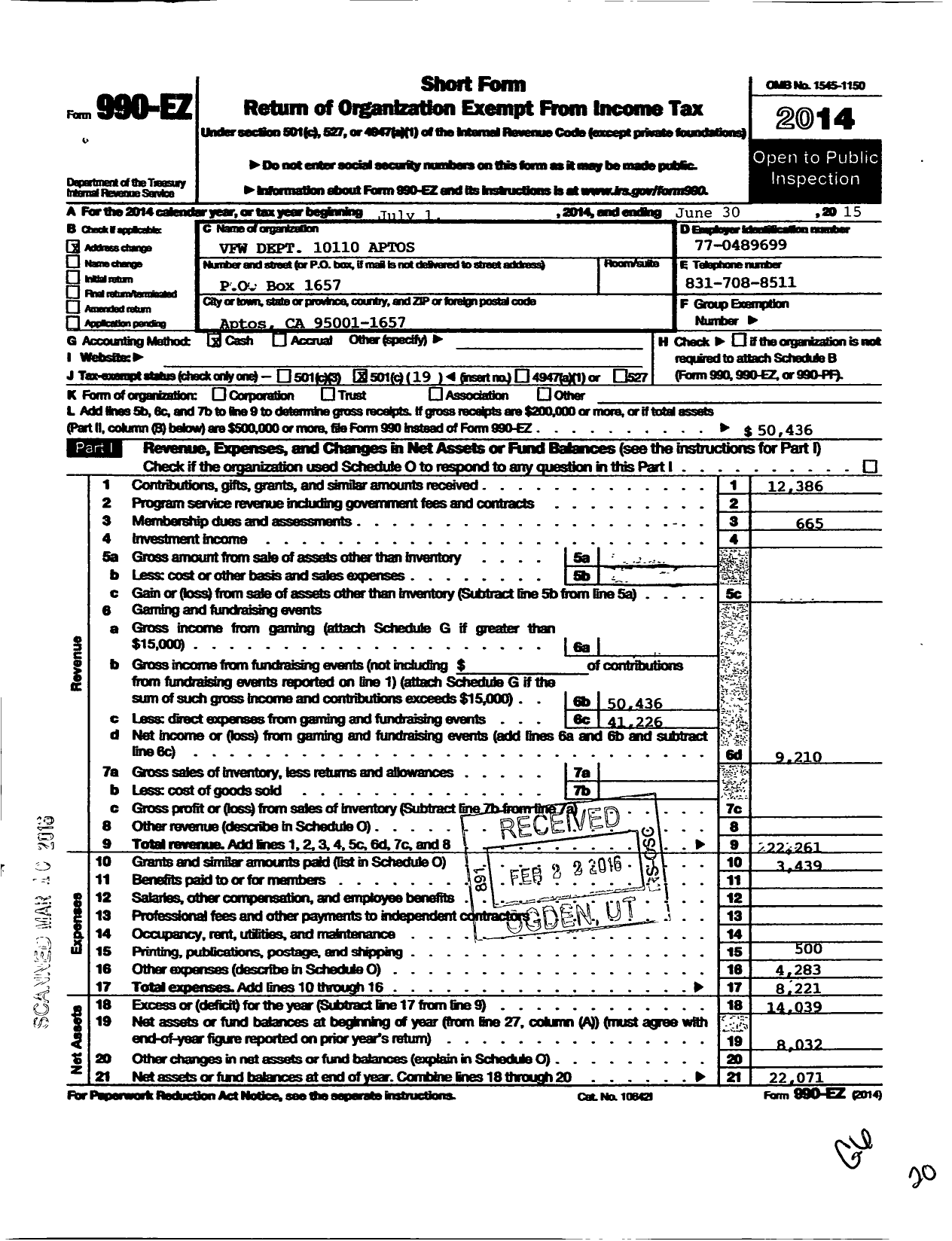 Image of first page of 2014 Form 990EO for VFW California Department - 10110 Aptos