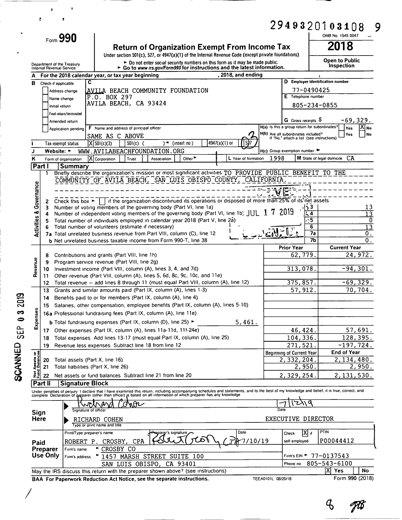 Image of first page of 2018 Form 990 for Avila Beach Community Foundation
