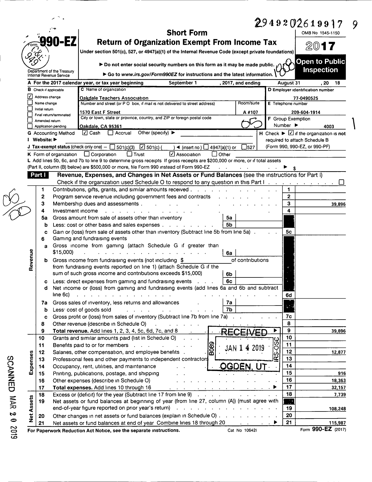 Image of first page of 2017 Form 990EO for California Teachers Association - Oakdale Teachers Association